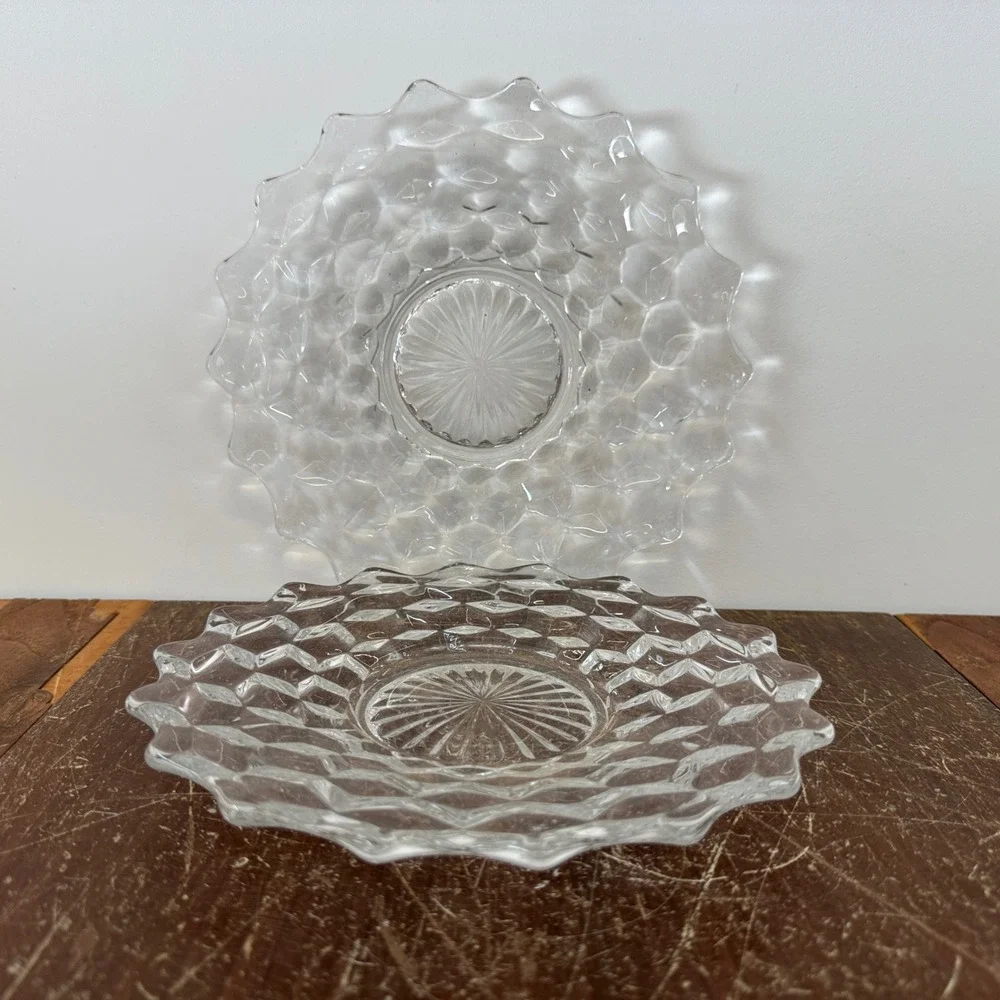 Pair (2) Fostoria American 8 inch bread salad plates clear glass‎ cubist pattern
